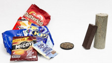 A collection of KP packaging with the pellets made out of the packaging waste